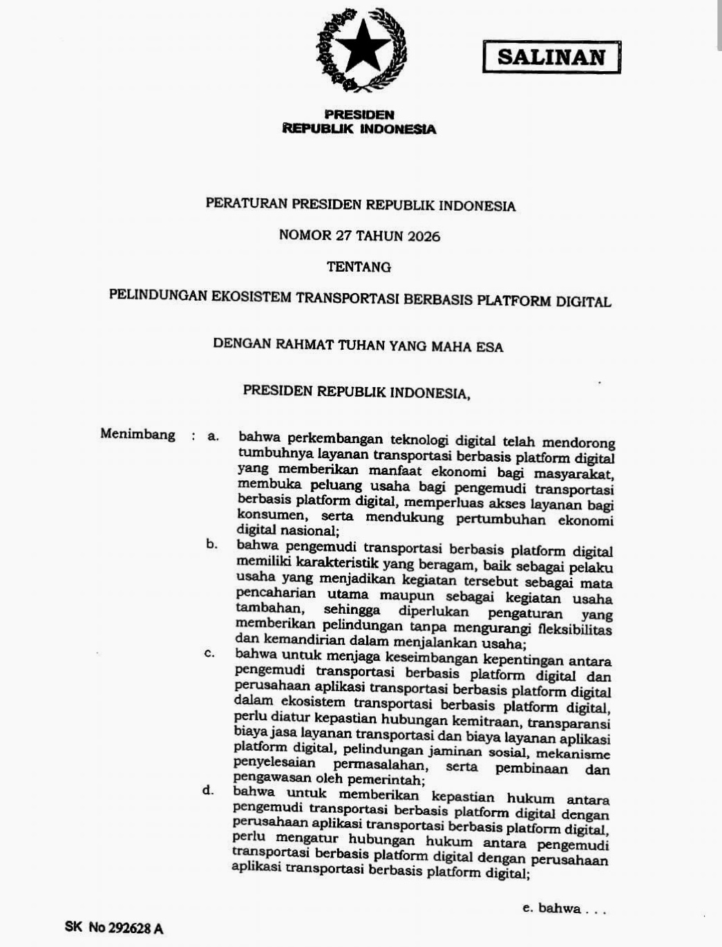 Pemerintah Terbitkan Perpres Nomor 27, SOS : Perlindungan Ekosistem Bisnis Tapi Pengemudi Belum Terlindungi